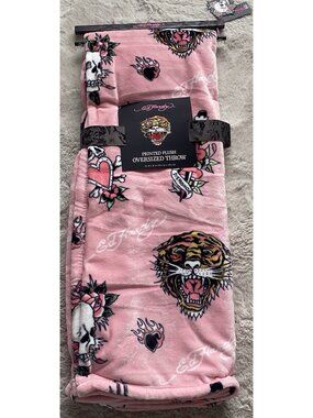Ed Hardy Tattoo Printed Plush Oversized Throw Blanket Pink Tiger Skull Roses NEW